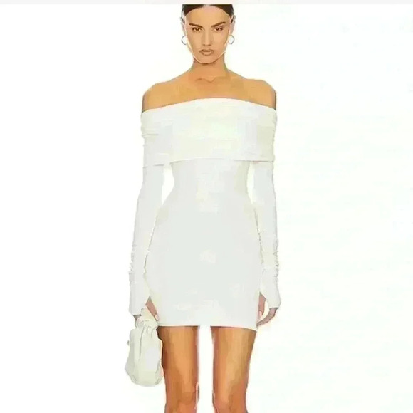 Privacy Please White Ribbed Off the Shoulder Longsleeve Dress Medium - Picture 6 of 6